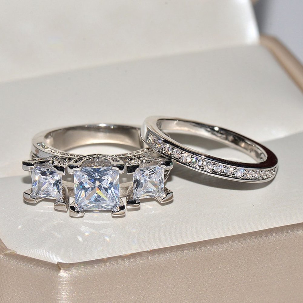 NEW 2pc/set 925 Silver Princess Cut Diamond  Ring - Picture 2 of 4